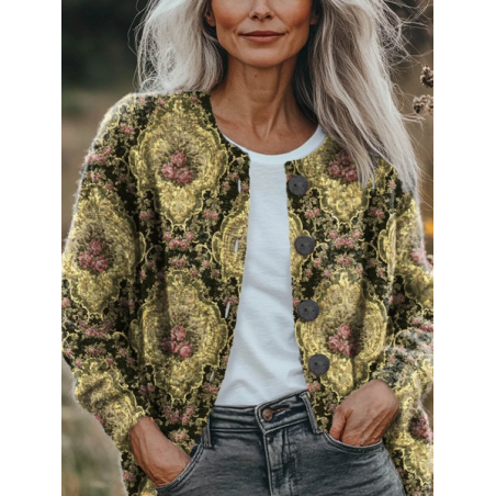 Women Floral Printing Long Sleeve Crew Neck Vintage Spring/Fall Cardigan Outerwear