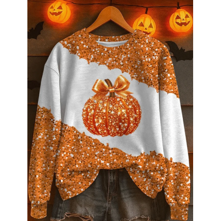 Women Halloween (pumpkin) Crew Neck Printing Casual Spring/Fall Long Sleeve Sweatshirt