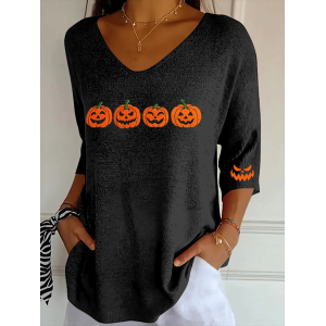 Women Halloween (pumpkin) Three Quarter Sleeve Tee T-shirt V Neck Printing Casual Spring/Fall Graphic Tee Top
