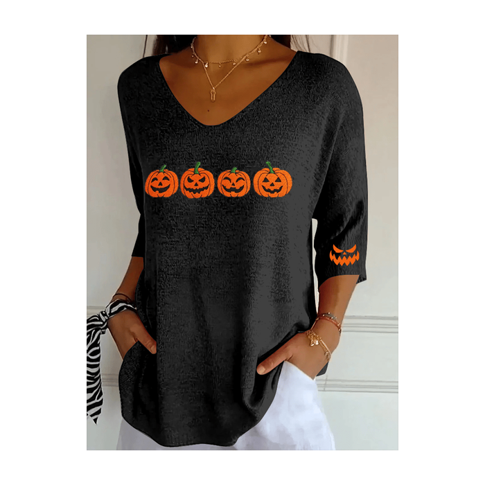 Women Halloween (pumpkin) Three Quarter Sleeve Tee T-shirt V Neck Printing Casual Spring/Fall Graphic Tee Top