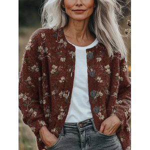 Women Floral Printing Long Sleeve Crew Neck Vintage Spring/Fall Cardigan Outerwear