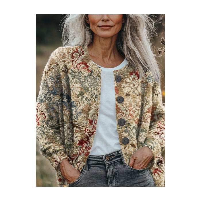 Women Floral Printing Long Sleeve Crew Neck Vintage Spring/Fall Cardigan Outerwear