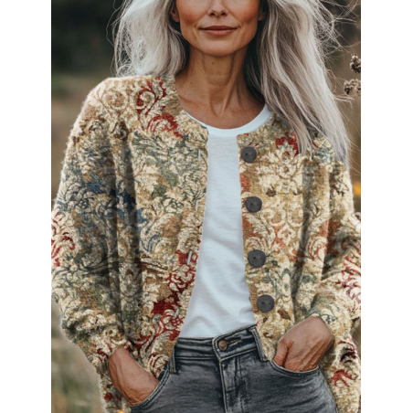 Women Floral Printing Long Sleeve Crew Neck Vintage Spring/Fall Cardigan Outerwear