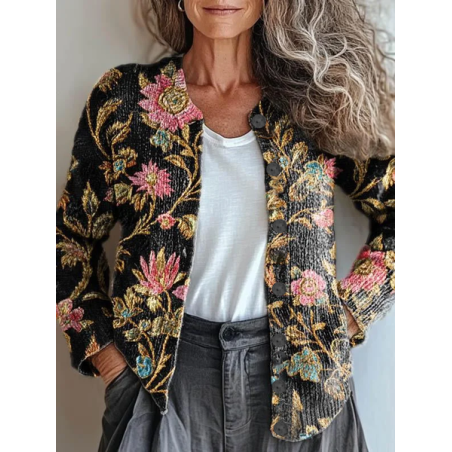 Women Floral Printing Long Sleeve Crew Neck Vintage Spring/Fall Cardigan Outerwear