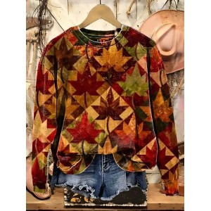 Women Maple Leaf Crew Neck Printing Casual Spring/Fall Long Sleeve Sweatshirt