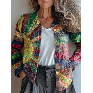 Women Abstract Printing Long Sleeve Crew Neck Vintage Spring/Fall Cardigan Outerwear