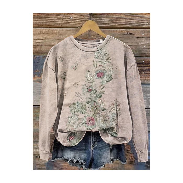 Women Floral Crew Neck Printing Casual Spring/Fall Long Sleeve Sweatshirt