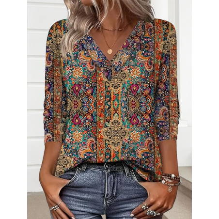 Women Nationality/ethnic Long Sleeve Tee T-shirt V Neck Casual Spring/Fall Top