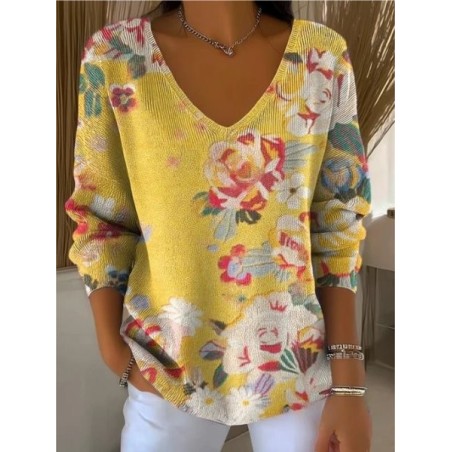 Women Floral Spring/Fall Casual Long Sleeve V Neck Cotton Sweater