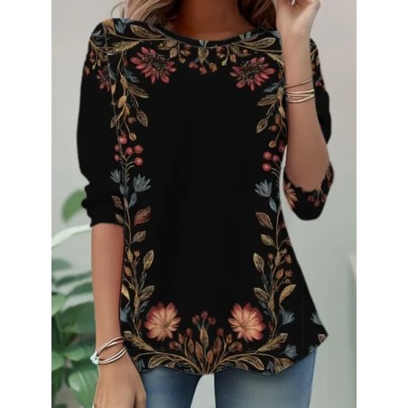 Women Floral Long Sleeve Tee T-shirt Crew Neck Casual Spring/Fall Tunic Top