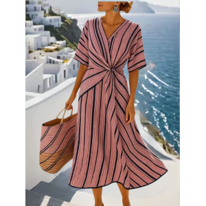Women Striped Short Sleeve Summer Split Joint Dress V Neck Daily Vintage Maxi Tank A-Line Dress