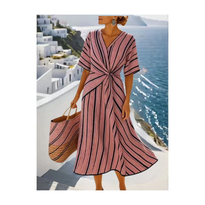 Women Striped Short Sleeve Summer Split Joint Dress V Neck Daily Vintage Maxi Tank A-Line Dress