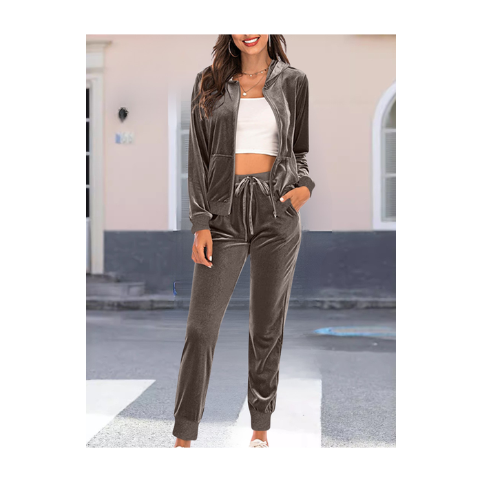 Women Plain Split Joint Two-Piece Set Daily Long Sleeve Casual Spring/Fall Top With Pants Matching Set