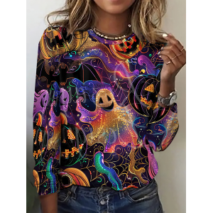 Women Halloween Long Sleeve Tee T-shirt Crew Neck Vintage Spring/Fall Top