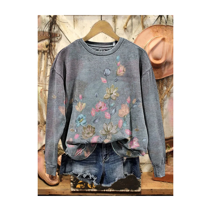 Women Floral Crew Neck Printing Casual Spring/Fall Long Sleeve Sweatshirt