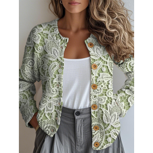 Women Floral Buttons Long Sleeve Crew Neck Vintage Spring/Fall Cardigan Outerwear