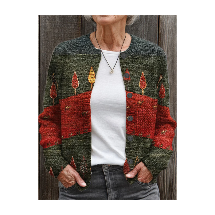 Women Christmas Printing Long Sleeve Crew Neck Vintage Spring/Fall Cardigan Outerwear