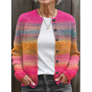 Women Abstract Printing Long Sleeve Crew Neck Vintage Spring/Fall Cardigan Outerwear