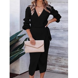 Women Plain Long Sleeve Spring/Fall Split Joint Dress V Neck Daily Vintage Maxi Tank A-Line Dress