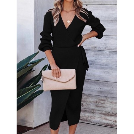 Women Plain Long Sleeve Spring/Fall Split Joint Dress V Neck Daily Vintage Maxi Tank A-Line Dress