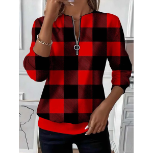Women Plaid Crew Neck Printing Casual Spring/Fall Long Sleeve Sweatshirt