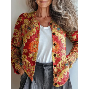 Women Floral Printing Long Sleeve Crew Neck Vintage Spring/Fall Cardigan Outerwear