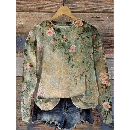 Women Floral Crew Neck Printing Casual Spring/Fall Long Sleeve Sweatshirt