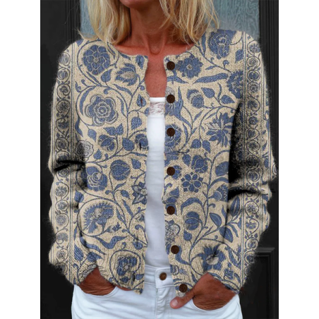Women Floral Printing Long Sleeve Crew Neck Vintage Spring/Fall Cardigan Outerwear