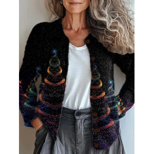 Women Christmas Printing Long Sleeve Crew Neck Vintage Spring/Fall Cardigan Outerwear