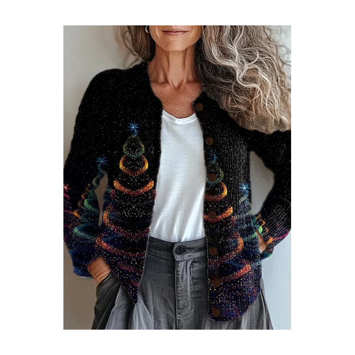 Women Christmas Printing Long Sleeve Crew Neck Vintage Spring/Fall Cardigan Outerwear