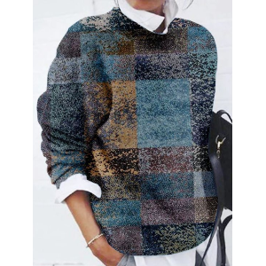 Women Abstract Plaid Printing Spring/Fall Casual Long Sleeve Crew Neck Sweater