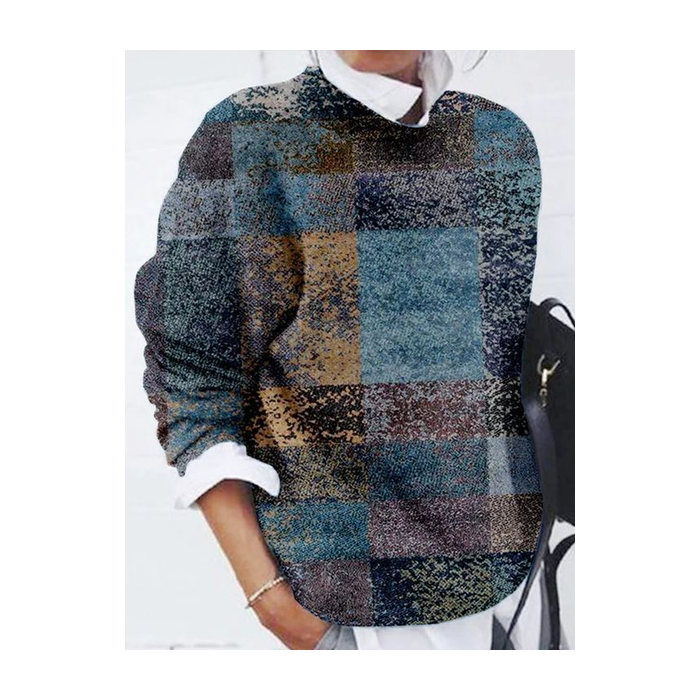 Women Abstract Plaid Printing Spring/Fall Casual Long Sleeve Crew Neck Sweater