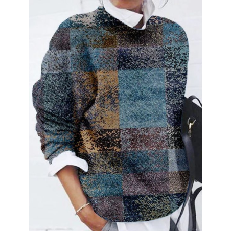 Women Abstract Plaid Printing Spring/Fall Casual Long Sleeve Crew Neck Sweater