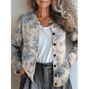 Women Floral Printing Long Sleeve Crew Neck Vintage Spring/Fall Cardigan Outerwear