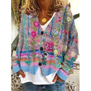 Women Floral Printing Long Sleeve V Neck Casual Spring/Fall Cardigan Outerwear