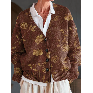 Women Floral Printing Long Sleeve V Neck Casual Spring/Fall Cardigan Outerwear