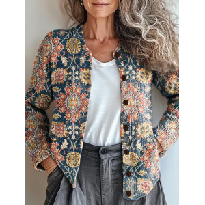 Women Floral Printing Long Sleeve Crew Neck Vintage Spring/Fall Cardigan Outerwear