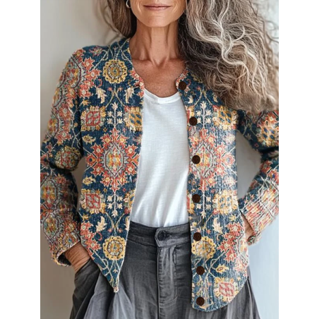 Women Floral Printing Long Sleeve Crew Neck Vintage Spring/Fall Cardigan Outerwear