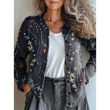 Women Floral Printing Long Sleeve Crew Neck Vintage Spring/Fall Cardigan Outerwear
