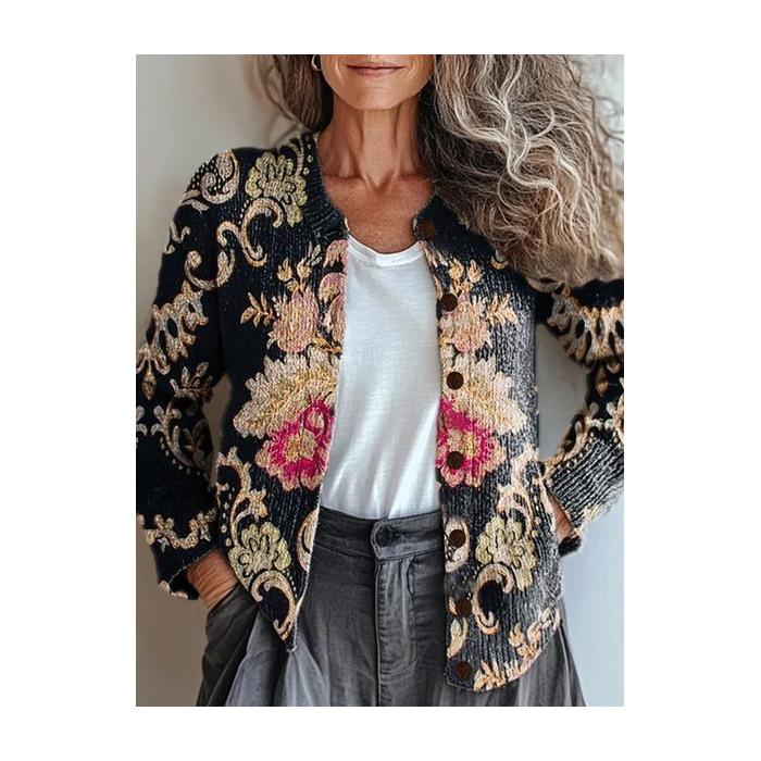 Women Floral Printing Long Sleeve Crew Neck Vintage Spring/Fall Cardigan Outerwear