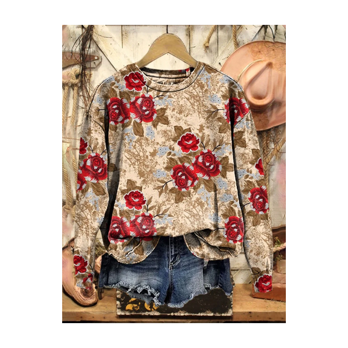 Women Floral Crew Neck Printing Casual Spring/Fall Long Sleeve Sweatshirt