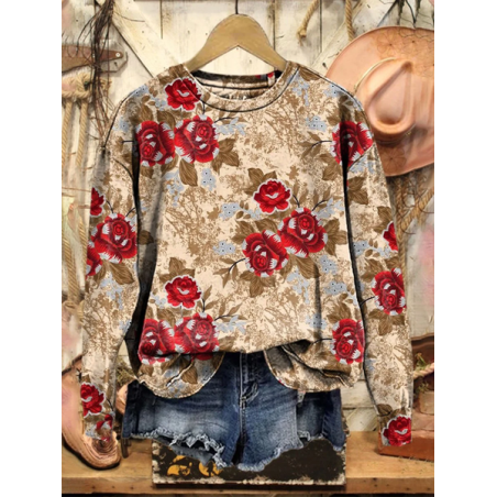 Women Floral Crew Neck Printing Casual Spring/Fall Long Sleeve Sweatshirt