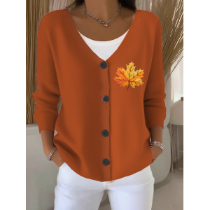 Women Maple Leaf Long Sleeve V Neck Casual Spring/Fall Cardigan Outerwear