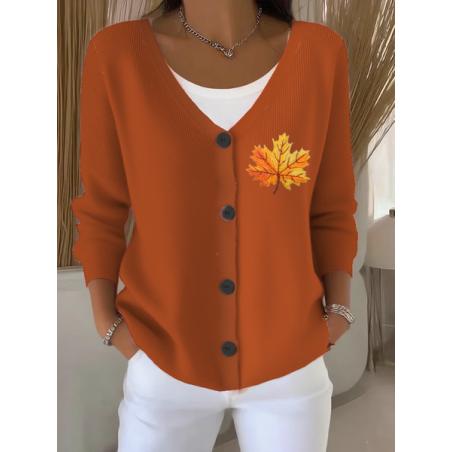 Women Maple Leaf Long Sleeve V Neck Casual Spring/Fall Cardigan Outerwear