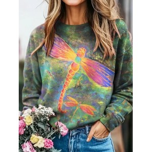Women Dragonfly Crew Neck Printing Casual Spring/Fall Long Sleeve Sweatshirt