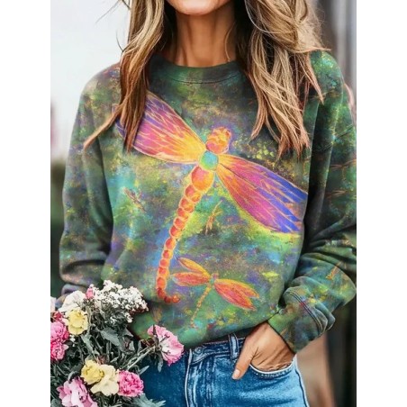 Women Dragonfly Crew Neck Printing Casual Spring/Fall Long Sleeve Sweatshirt
