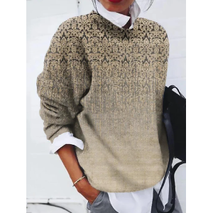 Women Ethnic Printing Spring/Fall Casual Long Sleeve Crew Neck Sweater