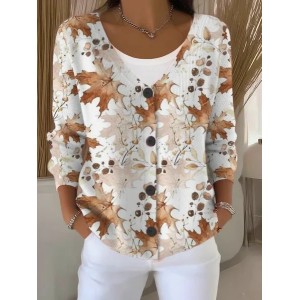 Women Maple Leaf Long Sleeve V Neck Casual Spring/Fall Cardigan Outerwear