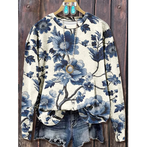Women Floral Crew Neck Printing Casual Spring/Fall Long Sleeve Sweatshirt