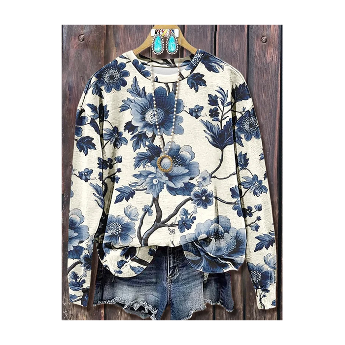 Women Floral Crew Neck Printing Casual Spring/Fall Long Sleeve Sweatshirt
